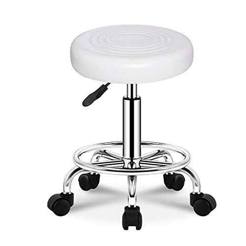 Taburete de cuero de PU ajustable en altura, taburetes redondos con ruedas y reposapiés, trabajo de dibujo giratorio SPA Taburetes de salón médico Silla con ruedas y asiento blando acolchado negro