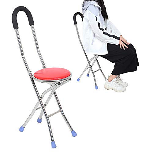 Taburete plegable con muletas de acero inoxidable con cuatro patas taburete plegable con soporte bastón de caminar para personas mayores, viaje al aire libre, taburete de descanso, silla plegable