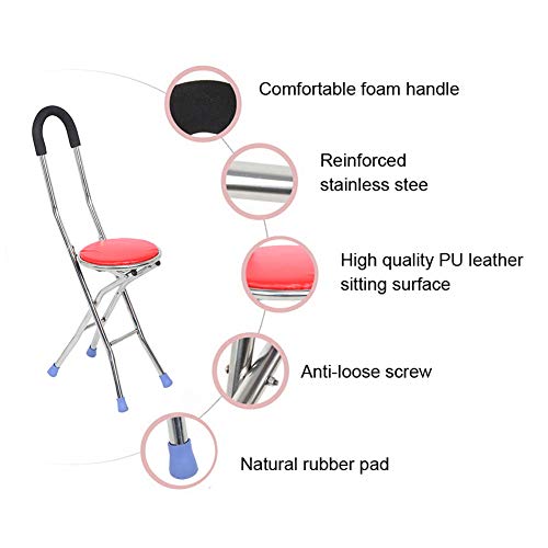 Taburete plegable con muletas de acero inoxidable con cuatro patas taburete plegable con soporte bastón de caminar para personas mayores, viaje al aire libre, taburete de descanso, silla plegable