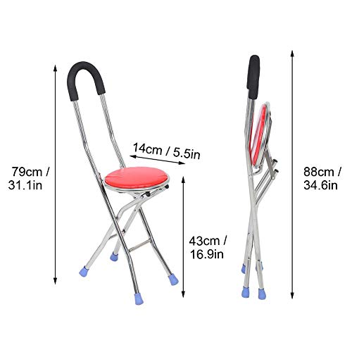 Taburete plegable con muletas de acero inoxidable con cuatro patas taburete plegable con soporte bastón de caminar para personas mayores, viaje al aire libre, taburete de descanso, silla plegable