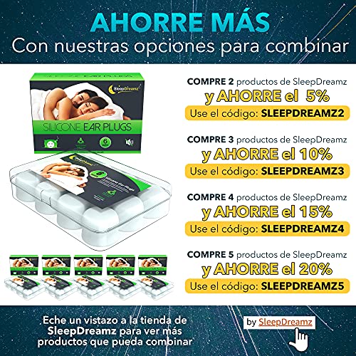 Tapones Oidos Dormir Silicona SleepDreamz® – 6 pares de tapones oidos ruido con cancelación – Ofrecen alivio contra ronquidos y protección contra otros ruidos fuertes, con estos tapones para dormir