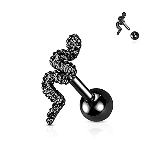 Tata Gisèle Piercing Barbell Tragus de acero quirúrgico 316L – Serpiente en forma de serpiente con fondo redondo – Serpiente piel efecto martillado –,