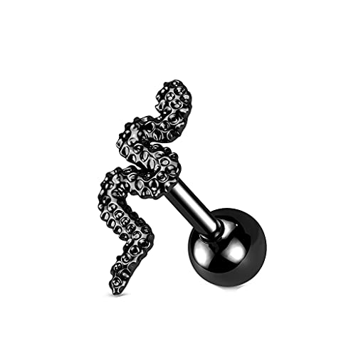 Tata Gisèle Piercing Barbell Tragus de acero quirúrgico 316L – Serpiente en forma de serpiente con fondo redondo – Serpiente piel efecto martillado –,