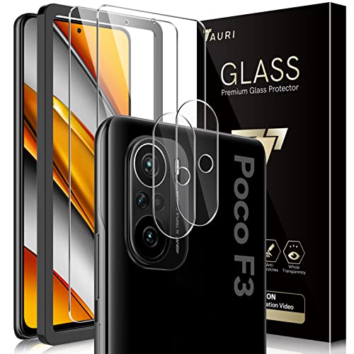 TAURI 2+2 Cristal Templado Poco F3 /Xiaomi Mi 11i 5G, 2 Pack Protector de Pantalla Poco F3 y 2 Pack Protector de Lente de cámara, Doble Protección, con Kit de instalación