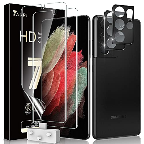 TAURI 2+2 Pack TPU Protector de Pantalla Samsung Galaxy S21 Ultra y 2 Pack HD Película de TPU y 2 Pack Cámara Cristal Templado Vidrio Templado - Sin Burbujas Dureza 9H Kit Fácil instalación