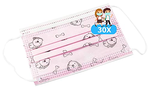 TBOC Mascarilla Higiénica Niños No Reutilizable - [Pack 30 Unidades] 3 Capas [Color Rosa Dog]