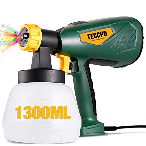 TECCPO Pistola de pintura, Nueva Actualización 2021, Gran Capacidad 1300ML, 500W, 3 modos de pulverización, 4 boquillas (1,3 mm, 1,8 mm, 1,8 mm, 2,6 mm) y 3 filtros, Fácil de Pulverizar