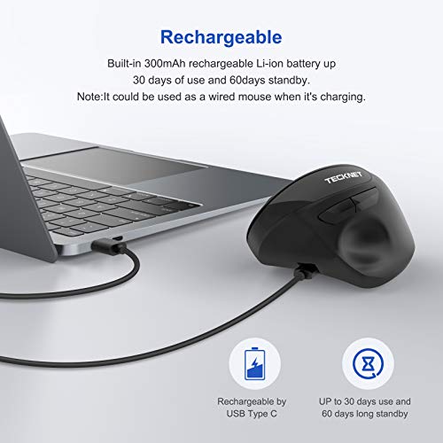 TECKNET Ratón Inalámbrico Vertical Recargable USB 2.4 G Ratón Ergonómico 2400 dpi, Diseño Ergonómico Vertical para Reducir el Dolor de la Muñeca, 6 Pulsadores Ajustables