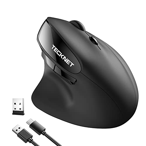 TECKNET Ratón Inalámbrico Vertical Recargable USB 2.4 G Ratón Ergonómico 2400 dpi, Diseño Ergonómico Vertical para Reducir el Dolor de la Muñeca, 6 Pulsadores Ajustables