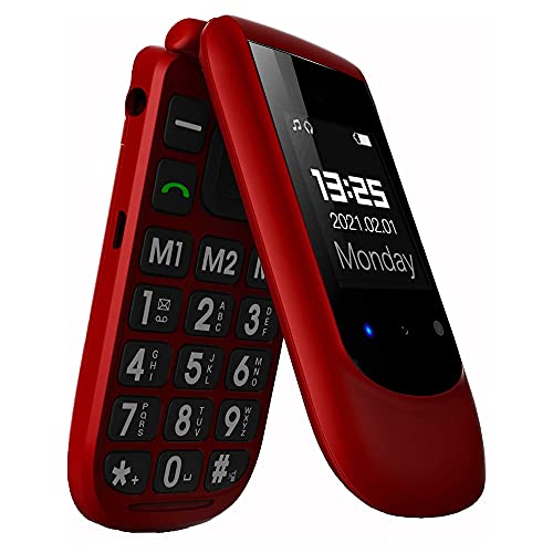 Teléfono Móvil para Personas Mayores Teclas Grandes con Tapa para Ancianos con SOS Botones, Pantalla de 2,4+1.77 Pulgadas Base Cargadora Rojo