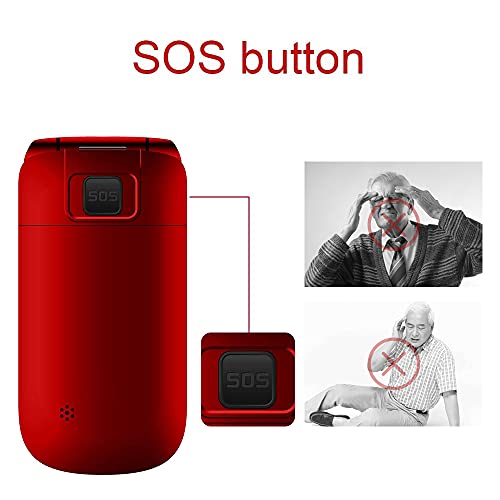 Teléfono Móvil para Personas Mayores Teclas Grandes con Tapa para Ancianos con SOS Botones, Pantalla de 2,4+1.77 Pulgadas Base Cargadora Rojo