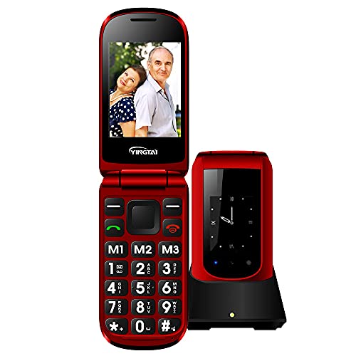 Teléfono Móvil para Personas Mayores Teclas Grandes con Tapa para Ancianos con SOS Botones, Pantalla de 2,4+1.77 Pulgadas Base Cargadora Rojo