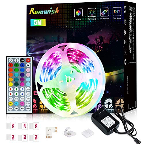 Tira LED 5M, Romwish RGB SMD 5050 Luces LED Kit de Cambio de Color con Control Remoto de 44 Teclas y Fuente de Alimentación, para Dormitorio, Cocina, TV, Fiesta, Decorativas Habitacion