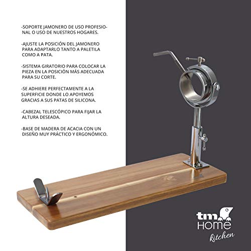 TM Electron HOCU102 Jamonero de madera de acacia con cabezal adaptable telescópico metálico, sistema giratorio y base ajustable para pata o paletilla