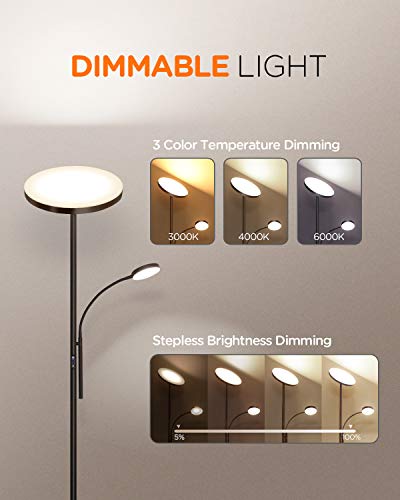 Tomons Lámpara de Pie Dimmer, LED Lámpara de Suelo con Doble Luz con Control Remoto, Atenuador Dimmer Continuo, 3 Temperaturas de Color, para Sala de Estar, Dormitorio, Oficina, Estudio, Negro