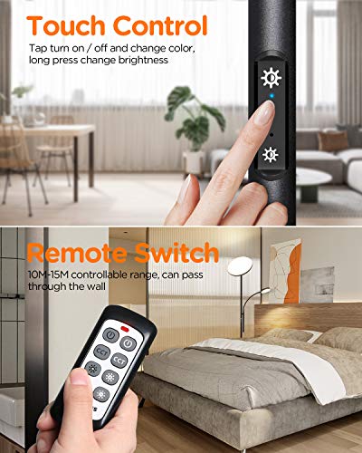 Tomons Lámpara de Pie Dimmer, LED Lámpara de Suelo con Doble Luz con Control Remoto, Atenuador Dimmer Continuo, 3 Temperaturas de Color, para Sala de Estar, Dormitorio, Oficina, Estudio, Negro