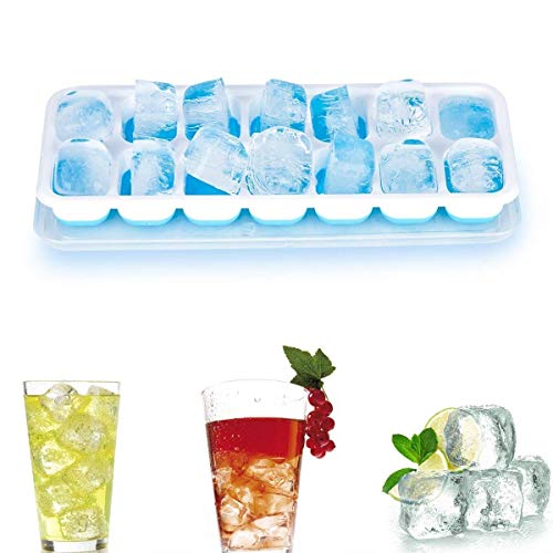 Towinle 4 Bandejas Hielo Grande con Tapa - Silicona Alimentaria Flexible/Cubo Enorme 4 * 3cm - 56 Huecos Color Verde (2 Verde+2 Azul)