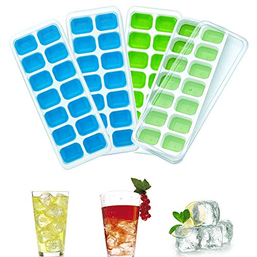 Towinle 4 Bandejas Hielo Grande con Tapa - Silicona Alimentaria Flexible/Cubo Enorme 4 * 3cm - 56 Huecos Color Verde (2 Verde+2 Azul)