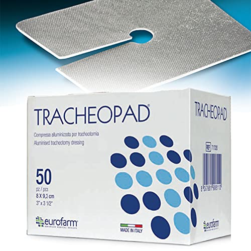 Tracheopad (cm 8 x cm 9,3) Apósito Aluminizado de Tela no Tejida Para uso en Traqueotomías ,Rápida Absorción del Exudado, Paquete de 50 Unidades. Fabricado en Italia