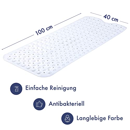 TranquilBeauty Alfombrilla de baño Antideslizante con ventosas, Alfombrillas de bañera Extra largas, antimoho, Lavable a máquina, sin látex, Ideal para Ancianos y niños 100x40cm Blanco