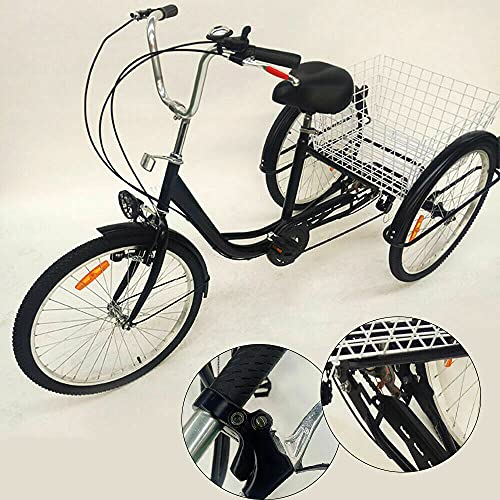 Triciclo para adultos de 24 pulgadas a 6 velocidades, bicicleta de pedal de 3 ruedas con cesta de gran capacidad y luz, para compras al aire libre, deportes de picnic (negro)