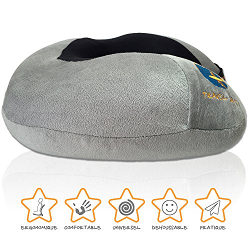 UDREAM cojín de viaje ergonómico ✮ Garantizado por 5 años ✮ Almohada de viaje viscoelástica ultra suave para avión, coche, tren y autobús. Cojín de avión reposacabezas regulable para sujeción de la nuca y el cuello al dormir