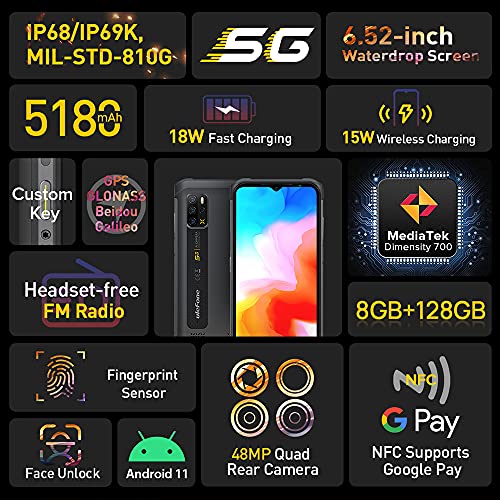 Ulefone Armor 12 Smartphones 5G, Teléfono Móvil 8GB + 128GB, 48MP + 16MP, 6.52 Pulgadas, MediaTek Dimensity 700, Batería de 5180mAh, Android 11 IP68, QI NFC FM Carga inalámbrica Negro