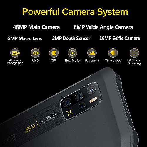 Ulefone Armor 12 Smartphones 5G, Teléfono Móvil 8GB + 128GB, 48MP + 16MP, 6.52 Pulgadas, MediaTek Dimensity 700, Batería de 5180mAh, Android 11 IP68, QI NFC FM Carga inalámbrica Negro