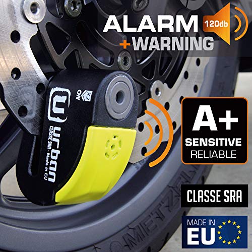 urban UR10 Candado Antirrobo Moto Disco con Warning y Alarma 120dba, Alta Seguridad Homologado CLASSE Sra, Doble Cierre 10 mm, Made in EU, Negro/Amarillo