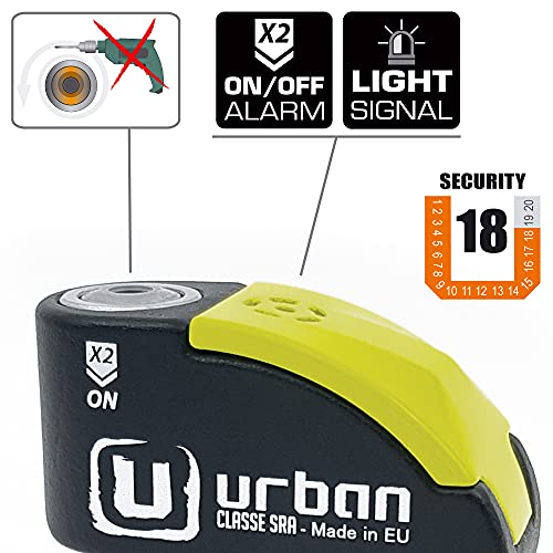 urban UR10 Candado Antirrobo Moto Disco con Warning y Alarma 120dba, Alta Seguridad Homologado CLASSE Sra, Doble Cierre 10 mm, Made in EU, Negro/Amarillo