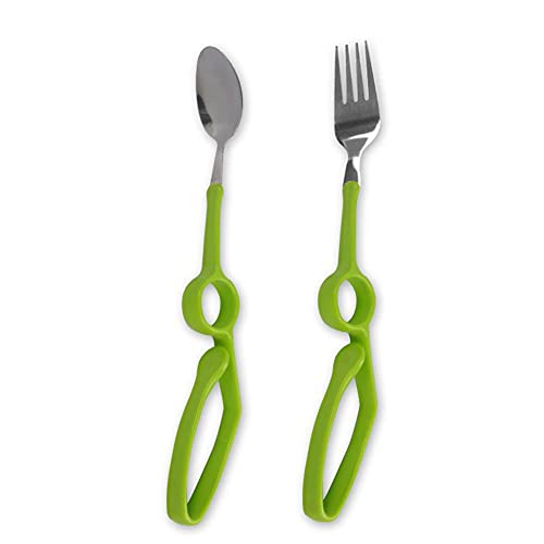 Utensilios De Alimentación Adaptables Ancianos Antivibración Mango Curvo De Fácil Agarre Cuchara Y Tenedor Juego De Cubiertos Ayuda De Comedor Adaptable Vajilla Para Discapacitados Artritis,2pcs