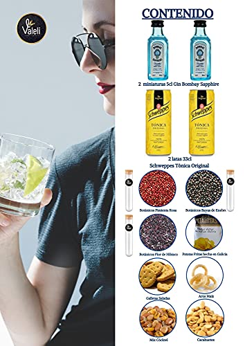 Valeli, Cesta Regalo original 2 Gin Bombay Sapphire 5cl miniaturas, kit de botánicos para ginebra con 2 tónica 33cl y aperitivo frutos secos y snacks. Regalo para él, ella, cumpleaños, padre, amigo