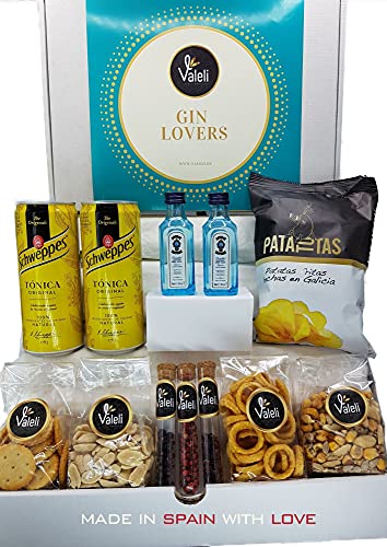 Valeli, Cesta Regalo original 2 Gin Bombay Sapphire 5cl miniaturas, kit de botánicos para ginebra con 2 tónica 33cl y aperitivo frutos secos y snacks. Regalo para él, ella, cumpleaños, padre, amigo