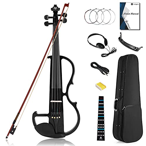 Vangoa Violín Electrico 4/4 Tamaño Completo Violín Silencioso para Principiante Madera Maciza Kit de Violin, Negro