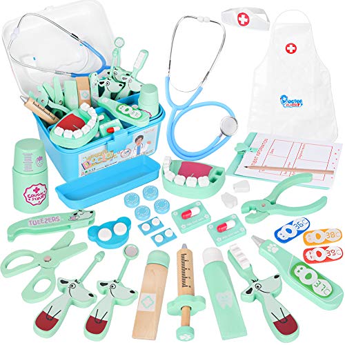 Vanplay Madera Maleta Médica Juguete Doctora Estetoscopio Juego Herramienta de Dentista Azul para Niños, 42PCS