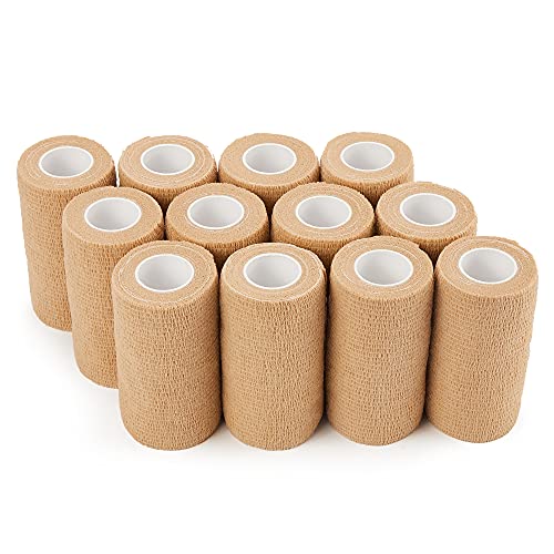 Venda cohesiva 10cm x 4.5m - 12 Rollos Vendas Autoadhesivas, venda elastica adhesiva para Primeros Auxilios, Deportes, Caballos, Perros (Beige)