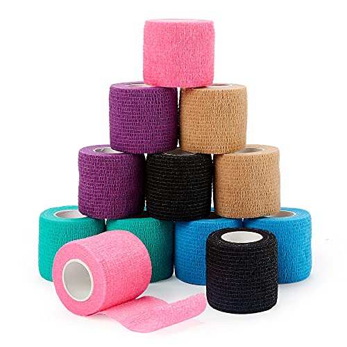 Venda Cohesiva Envoltura Tape Vet, 5 cm x 4,5 m 12 Pack - Vendaje Autoadhesivo para Primeros Auxilios, Lesiones Deportivas, Hinchazón y Esguinces de Tobillo y Muñeca (Multicolor)