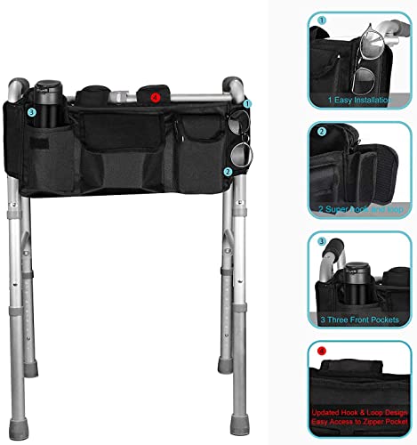 [Versión Revisada] SupreGear Walker Bag, Bolsa para Organizador Cesta Plegables para Cualquier Tipo Andador/Rollator/Silla de Ruedas, Gancho y Bucle Actualizado, Fácil Acceso Bolsillo Cremallera