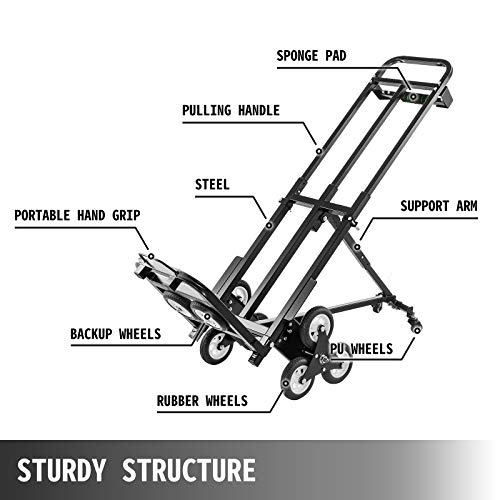 VEVOR Carro para Subir Escaleras Plegable 460 lbs (209 kg), Carretilla Mano 6 Ruedas de Goma para Escaleras, Carretilla Portátil para Escaleras con Mango de 1145-730 mm para Compras Almacenamiento