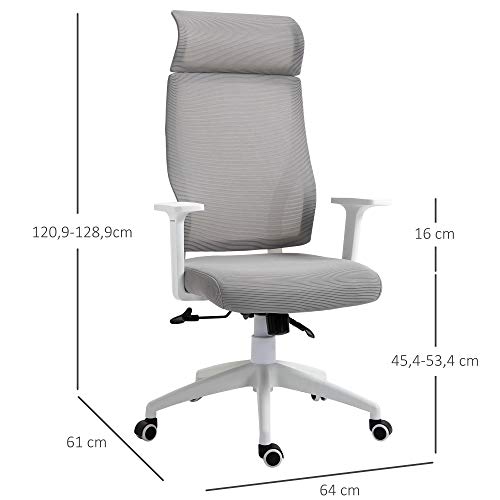 Vinsetto Silla de Oficina Ergonómica Silla de Escritorio Giratoria Ajustable en Altura y Reclinable hasta 120° Bloqueo de Posición 64x61x120,9-128,9 cm Gris