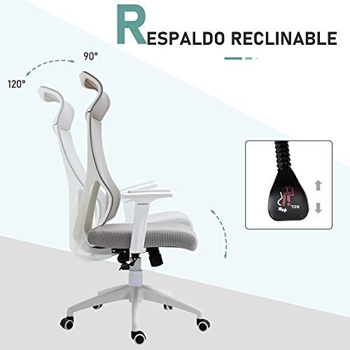 Vinsetto Silla de Oficina Ergonómica Silla de Escritorio Giratoria Ajustable en Altura y Reclinable hasta 120° Bloqueo de Posición 64x61x120,9-128,9 cm Gris