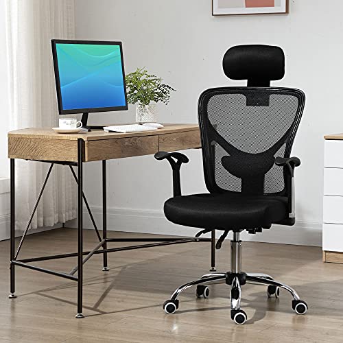 Vinsetto Silla de Oficina Ergonómica Silla Escritorio Giratoria con Altura Ajustable Función Relinable Reposacabezas Regulable y Soporte Lumbar 65x67x108-118 cm Negro