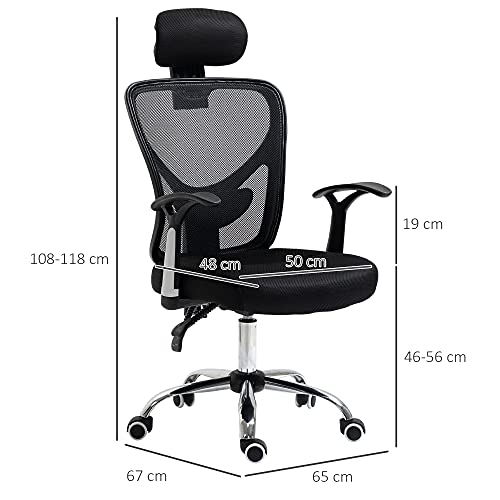 Vinsetto Silla de Oficina Ergonómica Silla Escritorio Giratoria con Altura Ajustable Función Relinable Reposacabezas Regulable y Soporte Lumbar 65x67x108-118 cm Negro