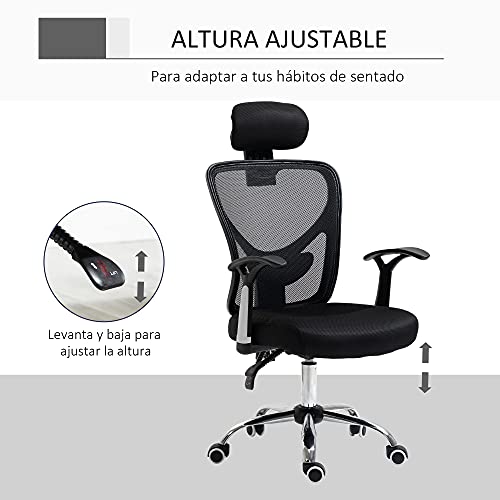 Vinsetto Silla de Oficina Ergonómica Silla Escritorio Giratoria con Altura Ajustable Función Relinable Reposacabezas Regulable y Soporte Lumbar 65x67x108-118 cm Negro