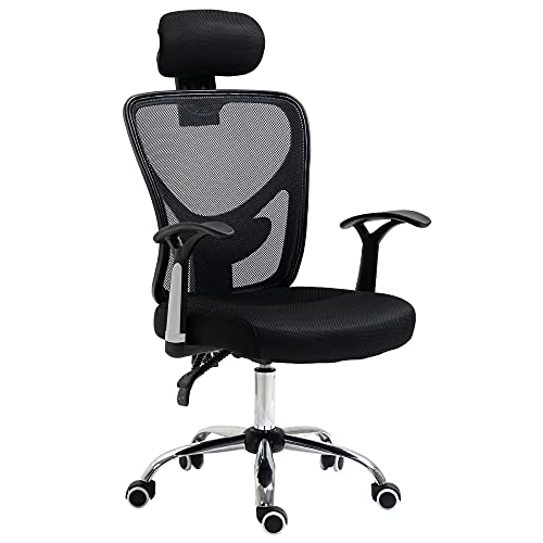 Vinsetto Silla de Oficina Ergonómica Silla Escritorio Giratoria con Altura Ajustable Función Relinable Reposacabezas Regulable y Soporte Lumbar 65x67x108-118 cm Negro