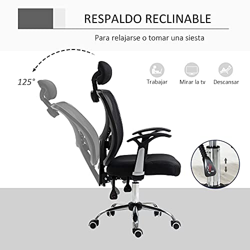 Vinsetto Silla de Oficina Ergonómica Silla Escritorio Giratoria con Altura Ajustable Función Relinable Reposacabezas Regulable y Soporte Lumbar 65x67x108-118 cm Negro