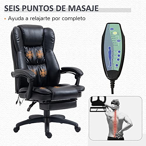 Vinsetto Silla de Oficina Ergonómica y Giratoria Silla de Escritorio Ajustable en Altura con 6 Puntos de Masaje Control Remoto y Reposapiés Retráctil 68,5x68,5x119-127 cm Negro