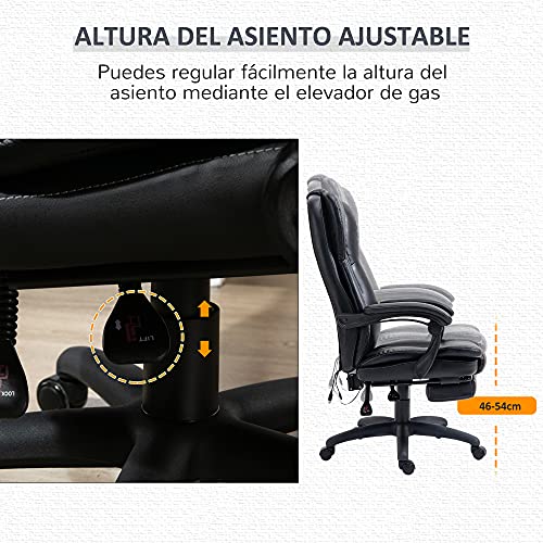 Vinsetto Silla de Oficina Ergonómica y Giratoria Silla de Escritorio Ajustable en Altura con 6 Puntos de Masaje Control Remoto y Reposapiés Retráctil 68,5x68,5x119-127 cm Negro