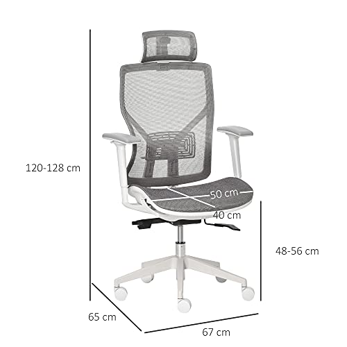 Vinsetto Silla de Oficina Giratoria Silla de Escritorio Ajustable en Altura con Reposabrazos Reposacabezas y Soporte Lumbar Regulables Respaldo Alto 67x65x120-128 cm Gris