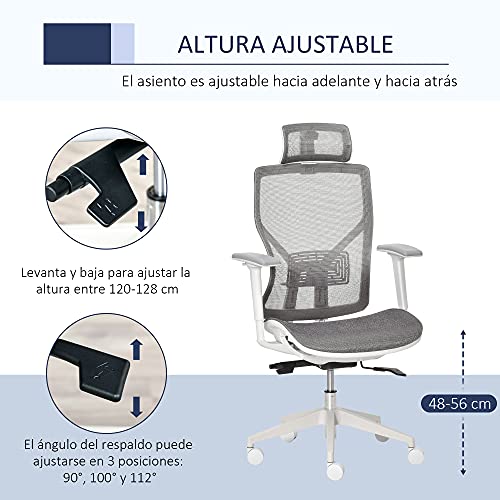 Vinsetto Silla de Oficina Giratoria Silla de Escritorio Ajustable en Altura con Reposabrazos Reposacabezas y Soporte Lumbar Regulables Respaldo Alto 67x65x120-128 cm Gris